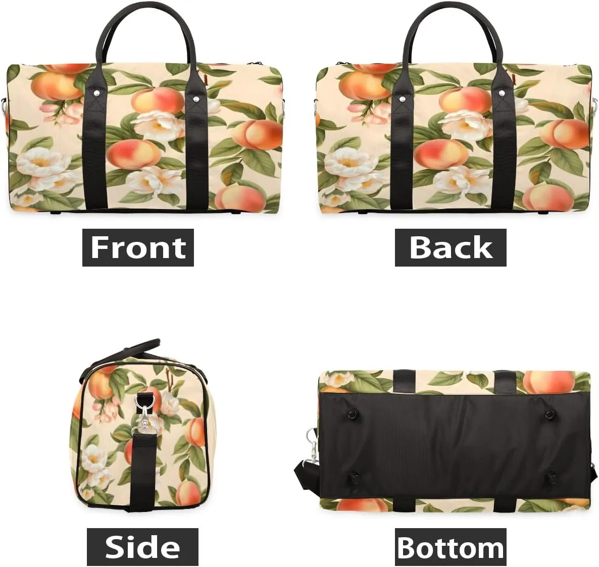 Peach Travel Duffle Bag, Sports Gym Bags for Women Men, Carry On Weekender Overnight Bag, Orange Fruit Floral Workout Hospital Airplane Trips Bag