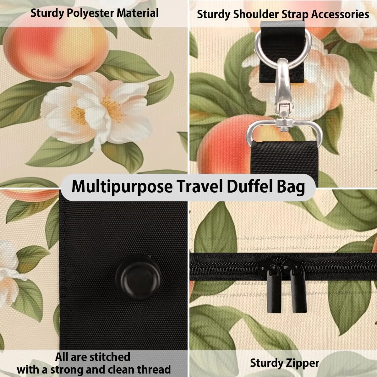 Peach Travel Duffle Bag, Sports Gym Bags for Women Men, Carry On Weekender Overnight Bag, Orange Fruit Floral Workout Hospital Airplane Trips Bag