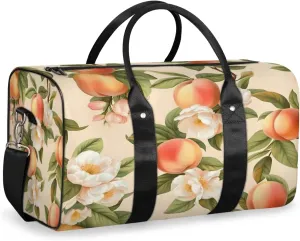 Peach Travel Duffle Bag, Sports Gym Bags for Women Men, Carry On Weekender Overnight Bag, Orange Fruit Floral Workout Hospital Airplane Trips Bag