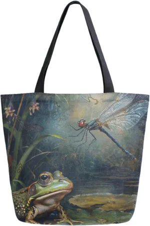 Stylish Extra Large Shoulder Grocery Tote Bag, Magic Night Lotus Pond Frog Dragonfly Canvas Daily Handle Bag for Gym Weekender Beach Travel Kitchen Reusable Market Shopping