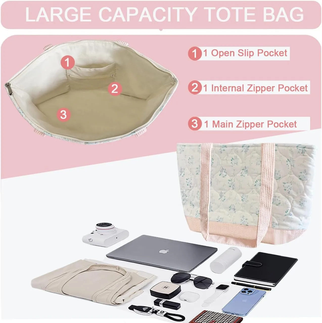 Sunwel Fashion Women Top Zipper Large Floral Quilted Tote Bag for Work Travel Gym Shopping Beach