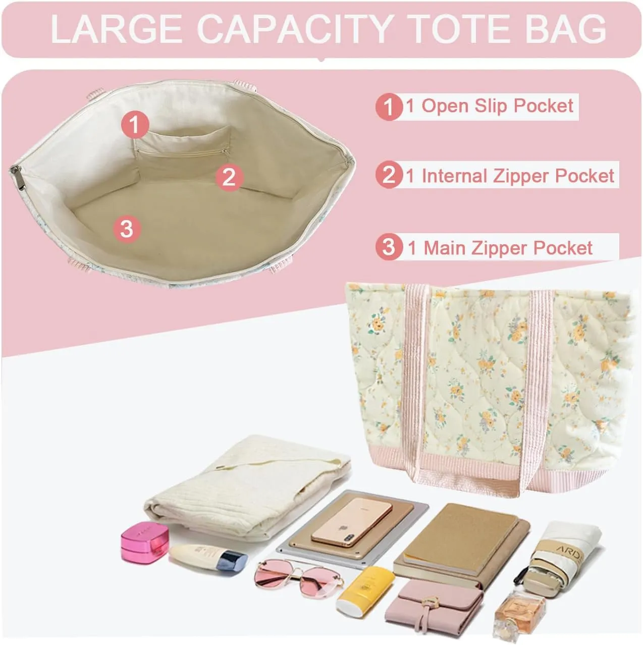Sunwel Fashion Women Top Zipper Large Floral Quilted Tote Bag for Work Travel Gym Shopping Beach