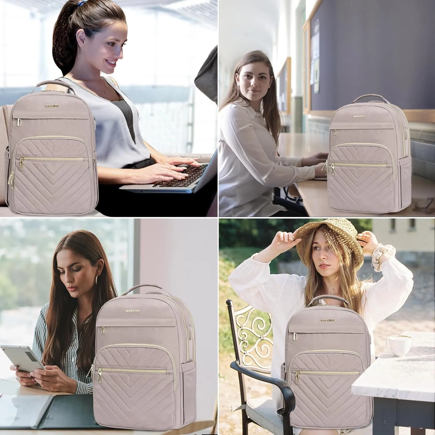 VANKEAN 17.3 Inch Laptop Backpack for Women Work Laptop Bag Fashion with USB Port, Waterproof Backpacks Stylish Travel Bags Casual Daypacks for College, Business, Light Dusty Pink