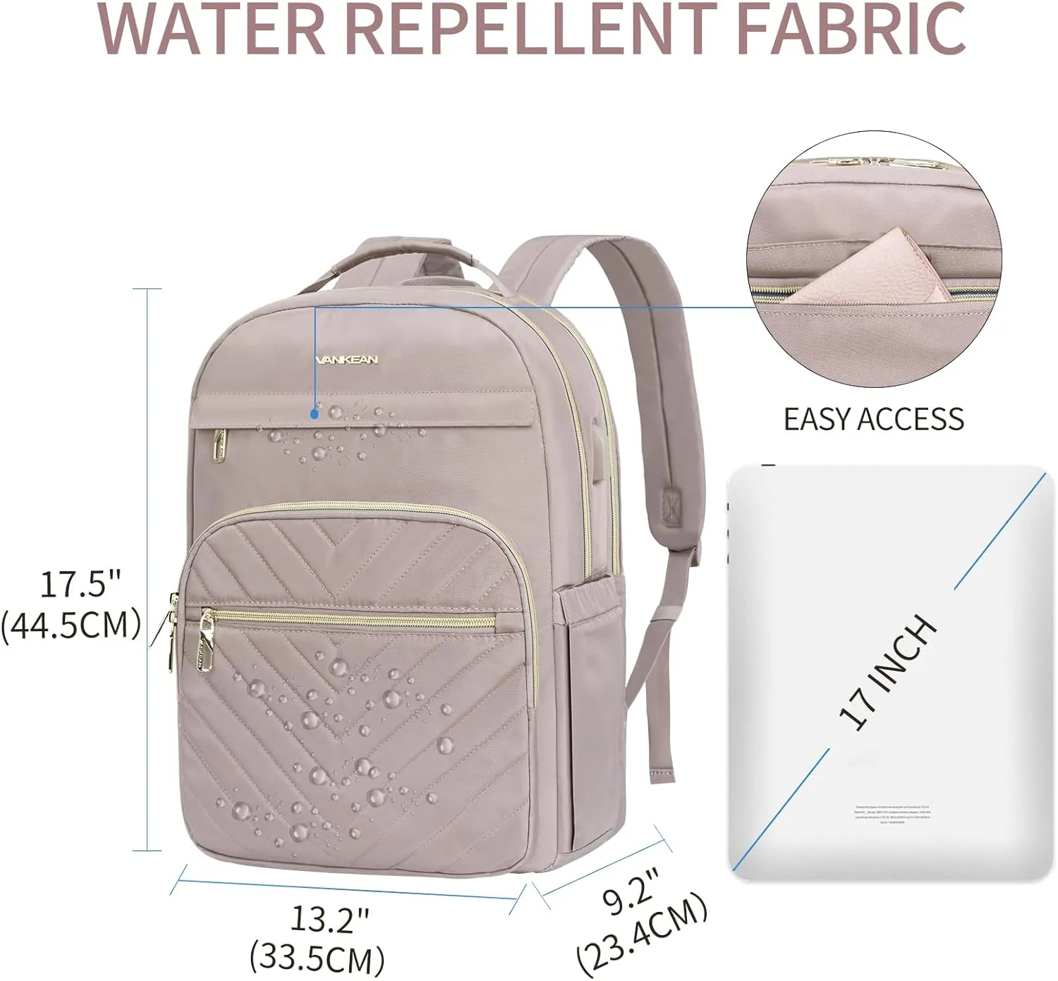 VANKEAN 17.3 Inch Laptop Backpack for Women Work Laptop Bag Fashion with USB Port, Waterproof Backpacks Stylish Travel Bags Casual Daypacks for College, Business, Light Dusty Pink