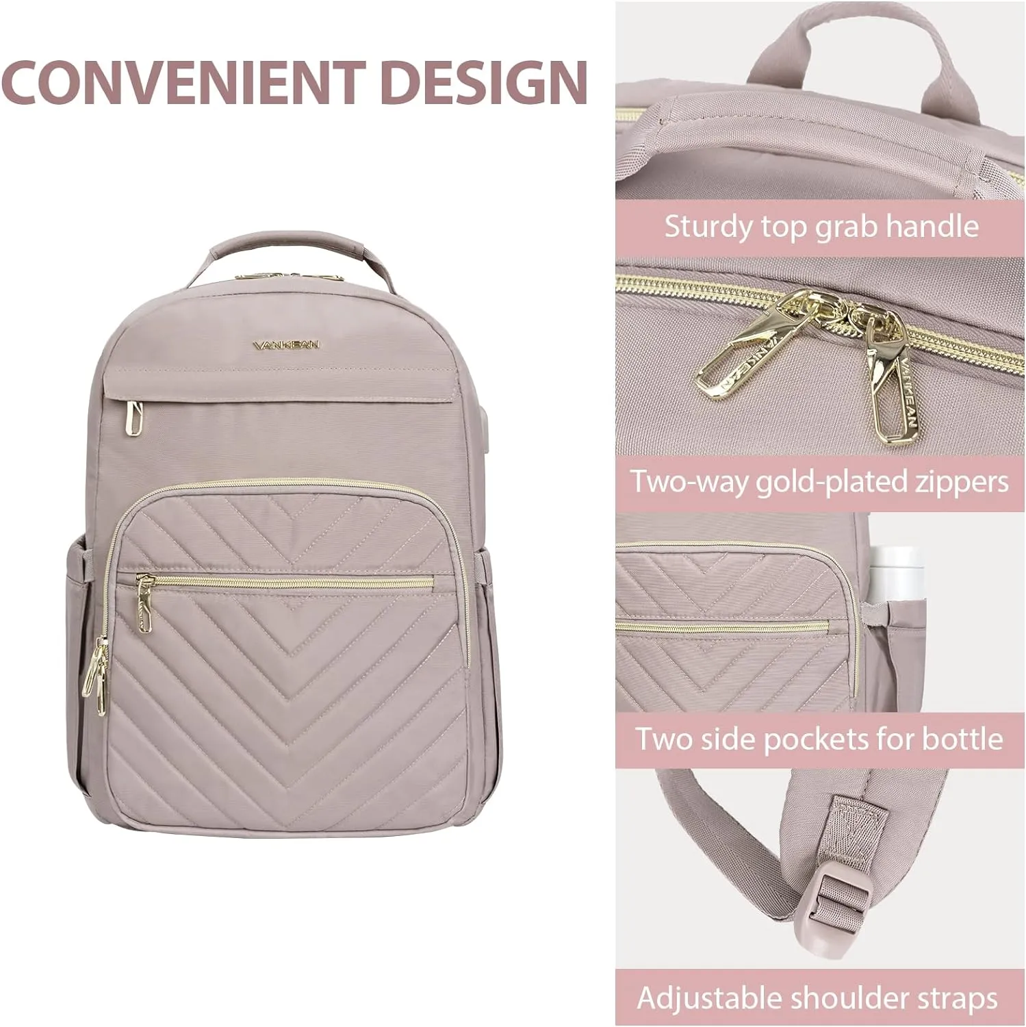 VANKEAN 17.3 Inch Laptop Backpack for Women Work Laptop Bag Fashion with USB Port, Waterproof Backpacks Stylish Travel Bags Casual Daypacks for College, Business, Light Dusty Pink
