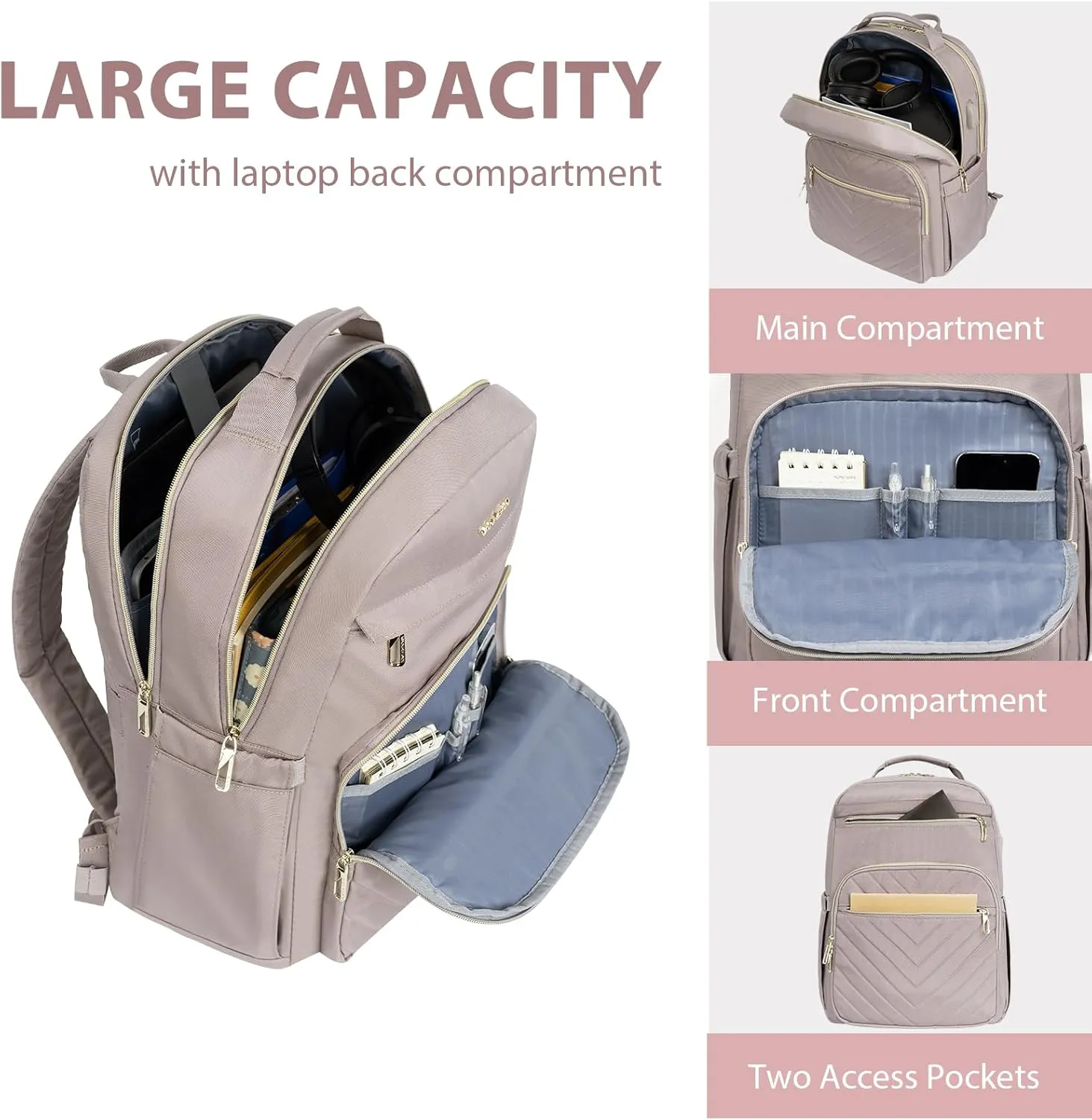 VANKEAN 17.3 Inch Laptop Backpack for Women Work Laptop Bag Fashion with USB Port, Waterproof Backpacks Stylish Travel Bags Casual Daypacks for College, Business, Light Dusty Pink