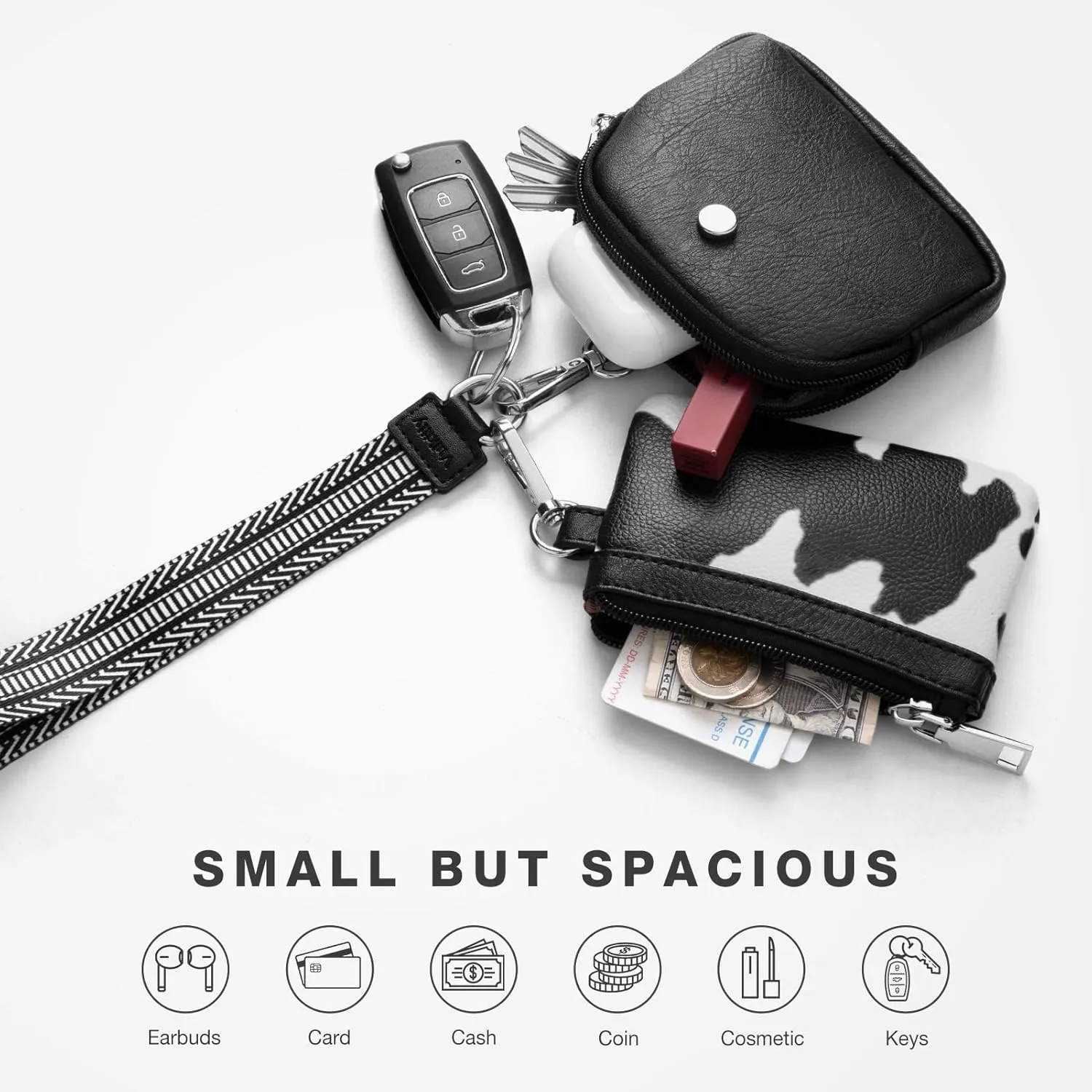 Wristlet Keychain Wallet for Women, Zip Around Dual Pouch Wristlet, Small Portable Key Chain Wallet Women, Zipper Card Holder Coin Purse Mini Coin Pocket, 2 Wristlet Strap